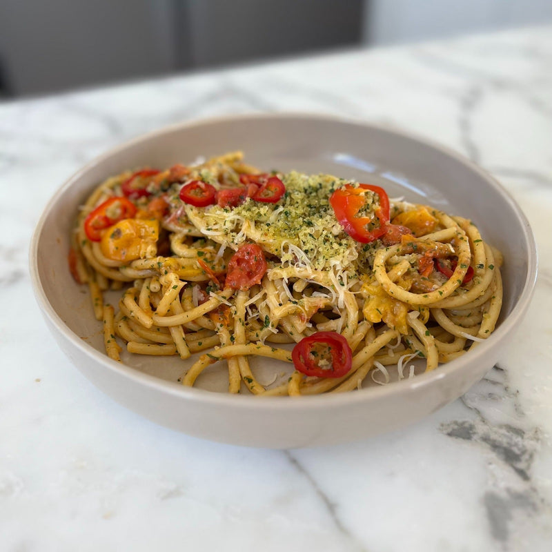 Roasted Tomato Bucatini with  Garlic & Herb Breadcrumbs