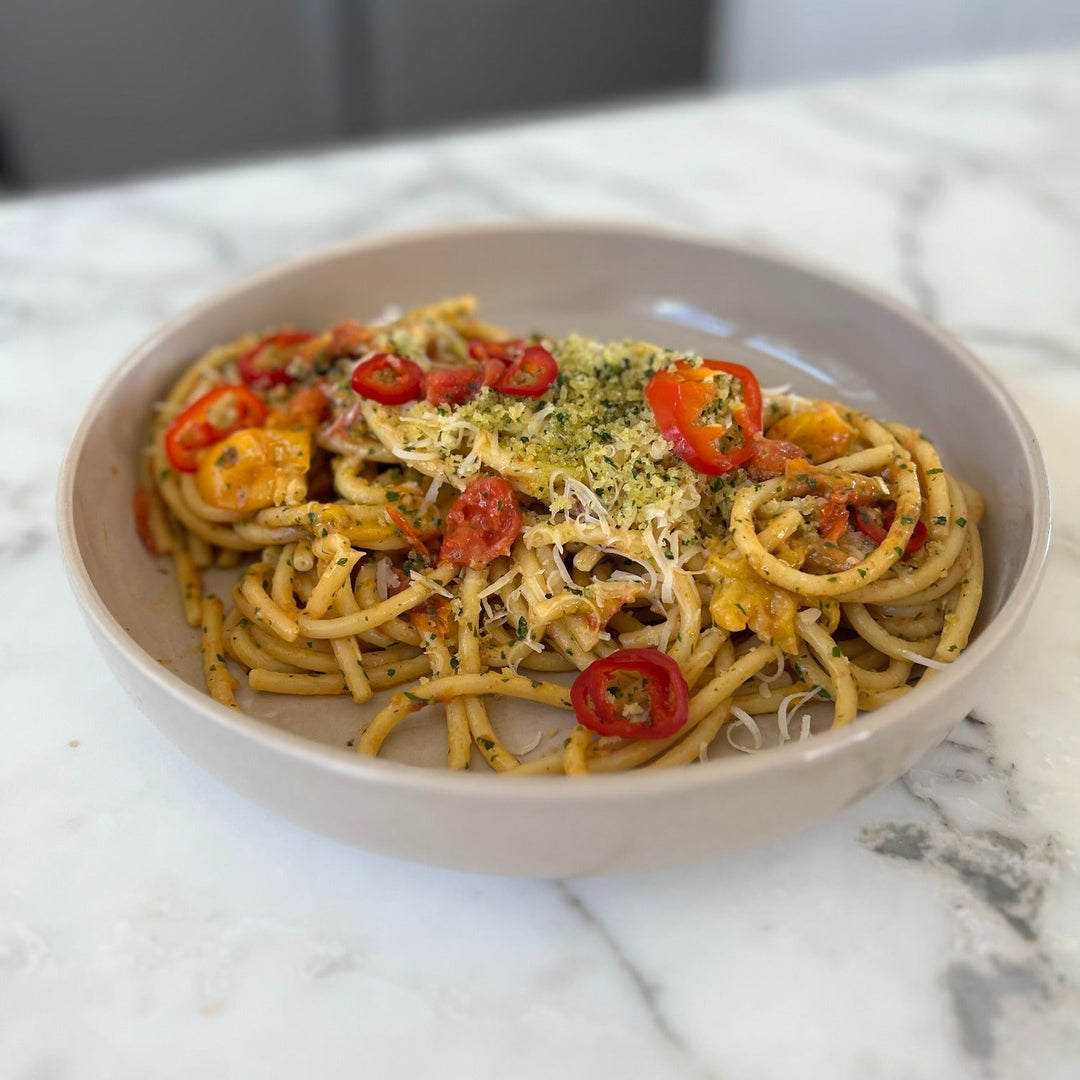 Roasted Tomato Bucatini with  Garlic & Herb Breadcrumbs
