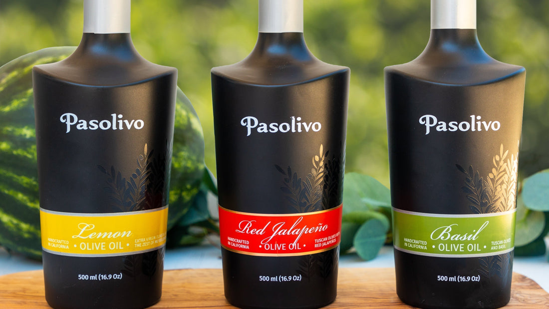Pasolivo Lemon olive oil, Pasolivo Red Jalapeno olive oil, and Pasolivo Basil olive oil in an outdoor backyard natural greenery. 
