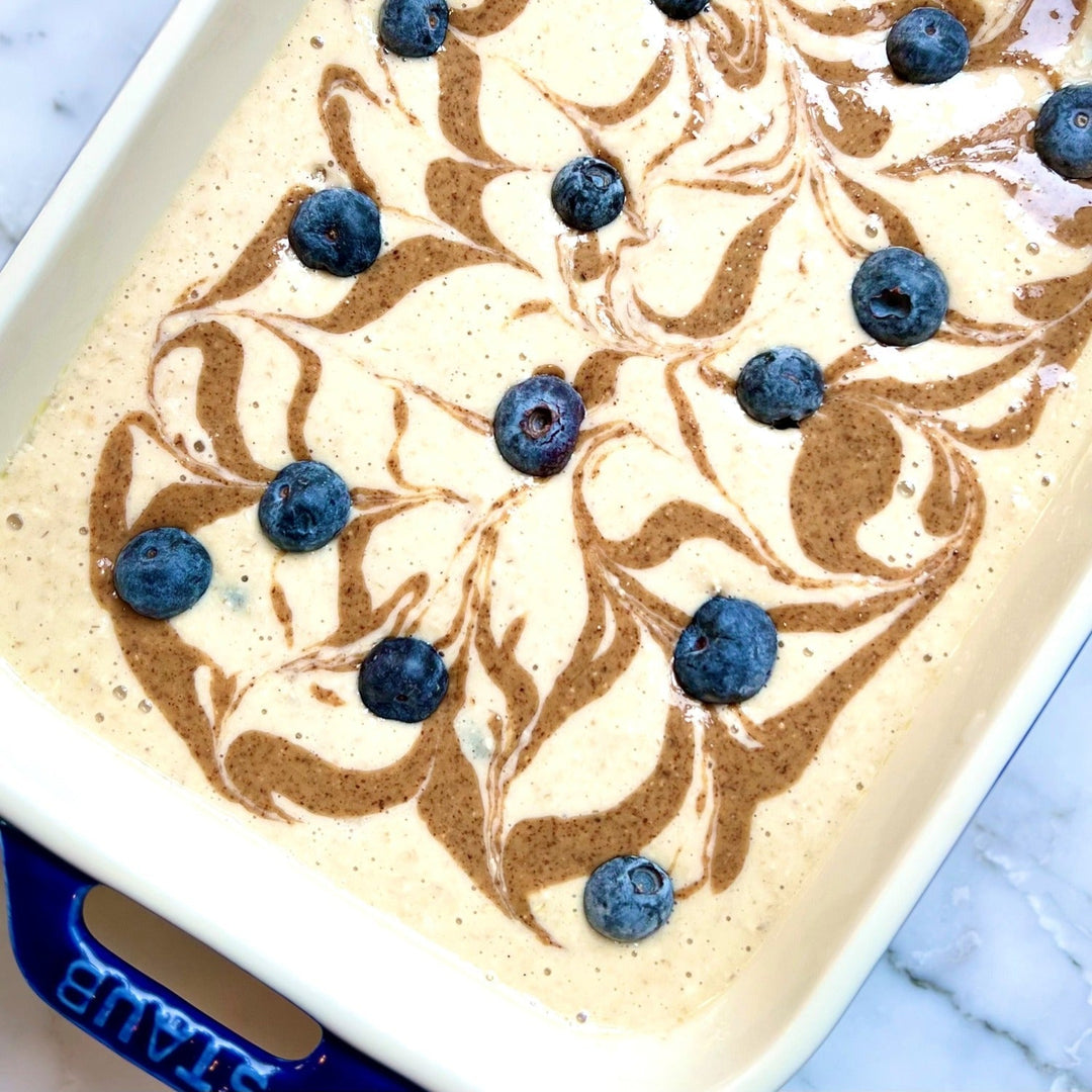 Lemon Blueberry Baked Oats with Almond Butter Swirl