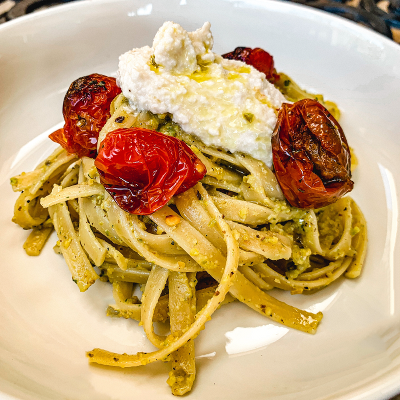 Pistachio Pasta with Roasted Tomatoes and Ricotta