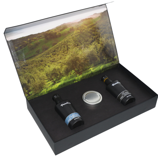 Premium Pasolivo products packaged in beautiful black box with green olive orchard imagery.