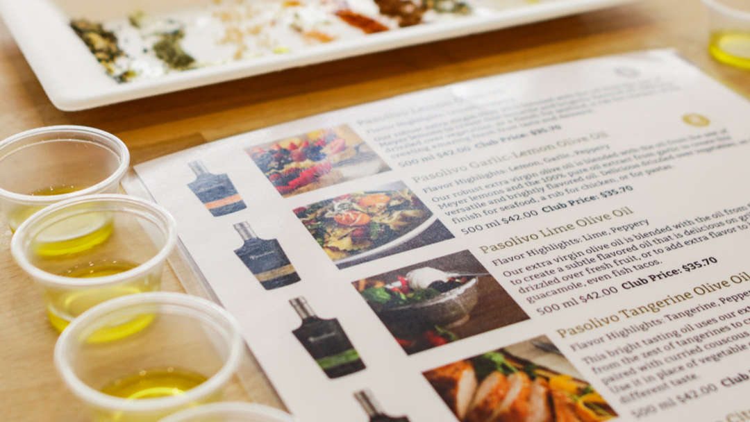 Menu on a table with olive oil samples
