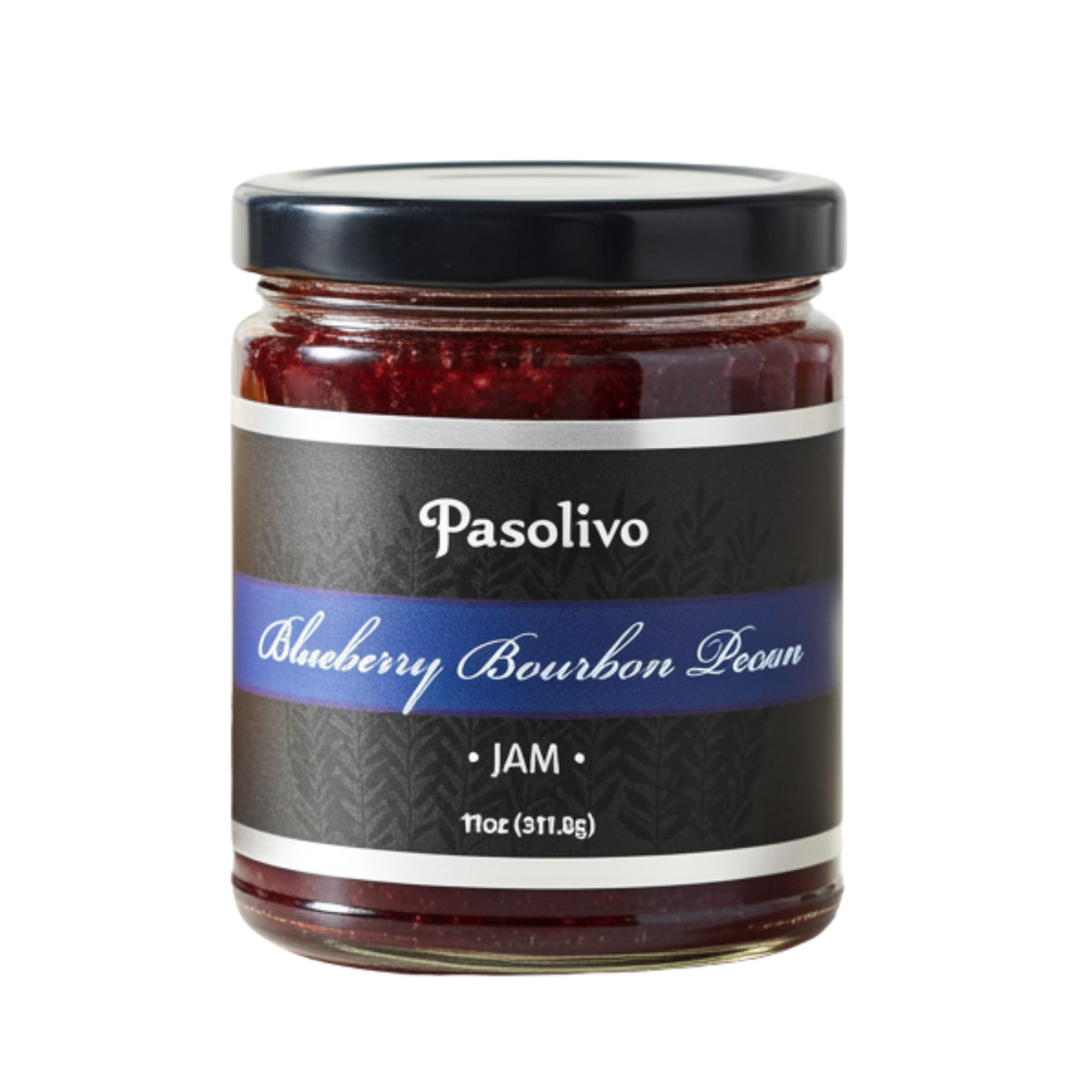 Jar of Pasolivo Blueberry Bourbon Pecan Jam on a white background