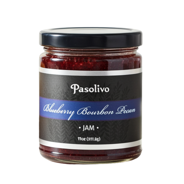 Jar of Pasolivo Blueberry Bourbon Pecan Jam on a white background