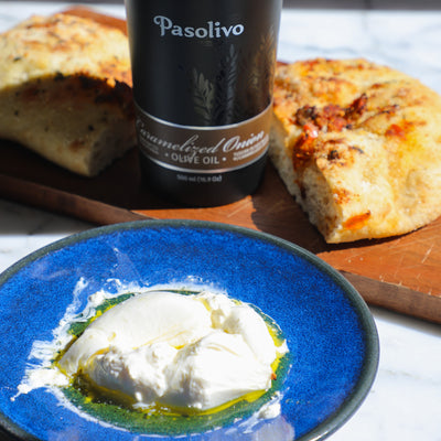 Pasolivo Caramelized Onion Olive Oil with burrata cheese and focaccia.