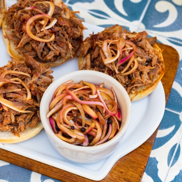 Pasolivo Pickled Red Onions Recipe on pulled pork sandwiches