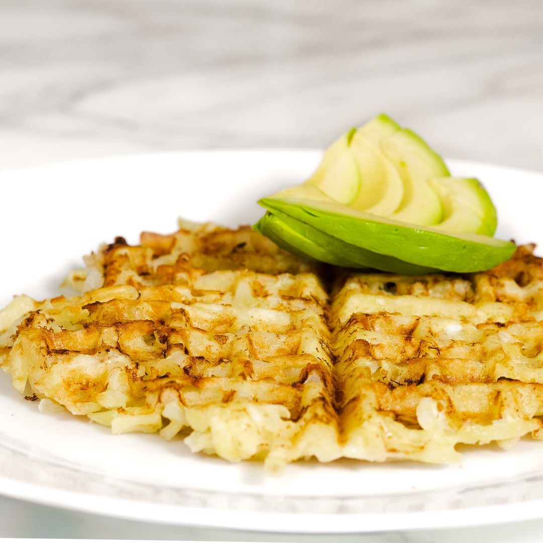 Pasolivo Hashbrown Waffles Recipe garnished with avocado