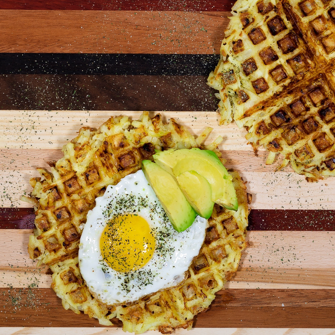 Pasolivo Hashbrown Waffles Recipe garnished with egg and avocado