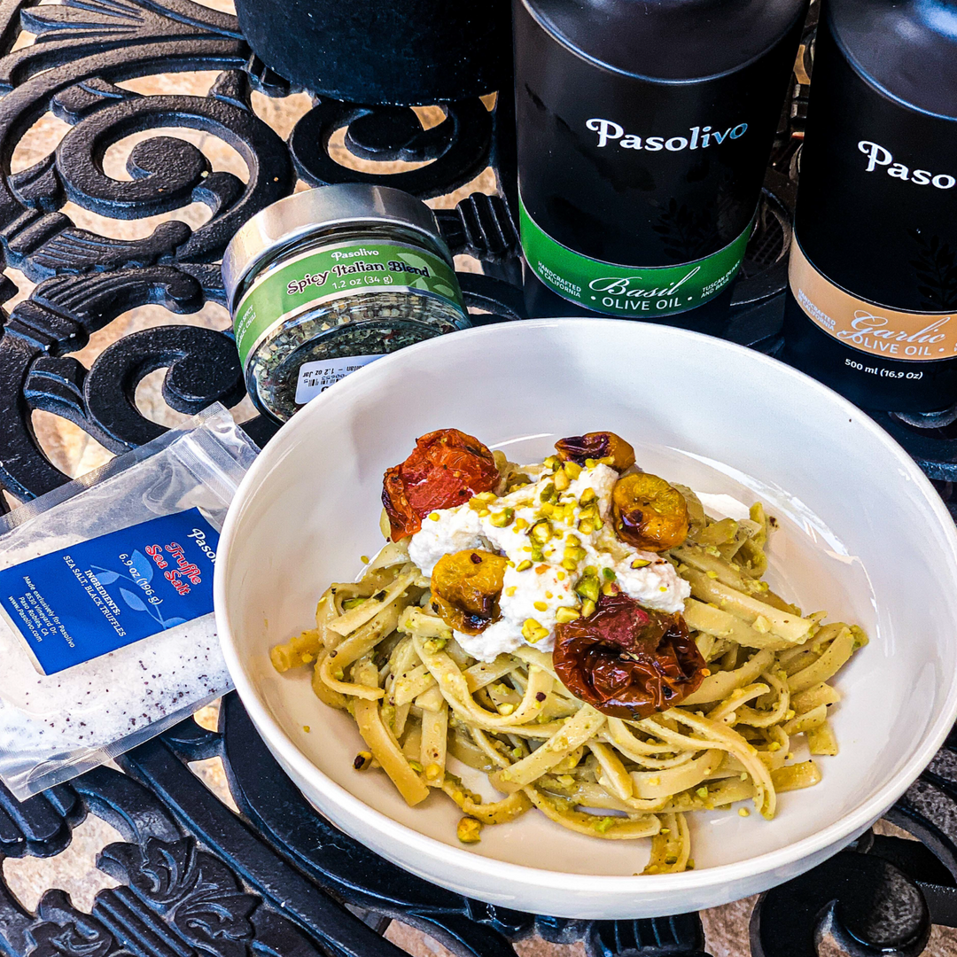 Pasolivo Pistachio Pasta with Roasted Tomatoes and Ricotta Recipe next to Pasolivo oils and spices